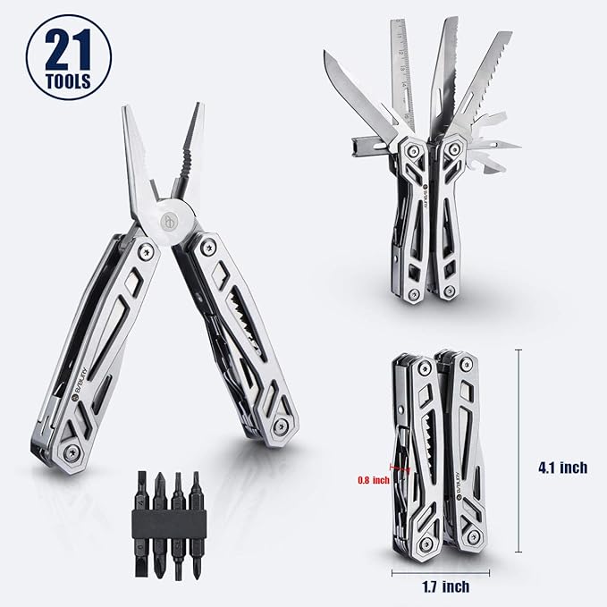 Christmas Gifts for Men Him Dad, BIBURY Multitool with Pocket Knife, 21-in-1 Stainless Steel Pliers with Screwdriver, Safety Locking Multi tools with EDC Knife for Survival, Camping, Fishing, Repair