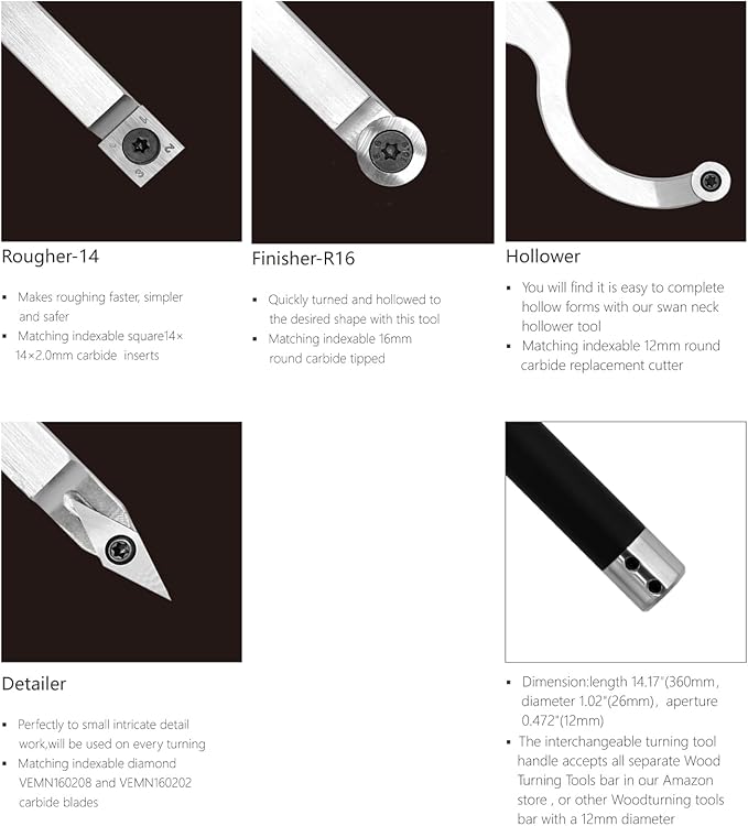 Carbide Tipped Wood Turning tools set Lathe Rougher Finisher Detailer Swan Neck Hollower Tools and Interchangeable Aluminum Alloy Grip Handle with Diamond Round Square Carbide Inserts AT04
