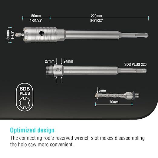 BINOTA Concrete Hole Saw 35 mm, Rotary Hammer Core Bit Hole Saw, with SDS Plus Shank 220 mm, for Concrete Cement Brick Wall Stone Masonry