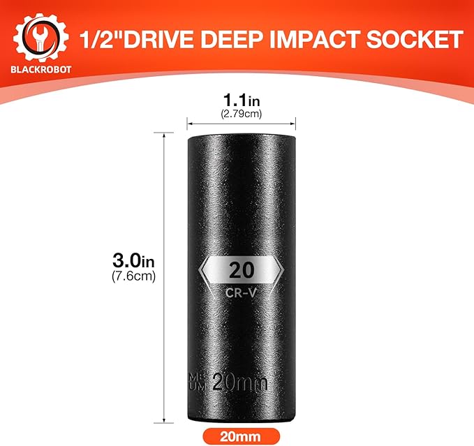 1/2 Inch Drive 6-Point Deep Socket, 20mm Deep Impact Socket, CR-V Steel