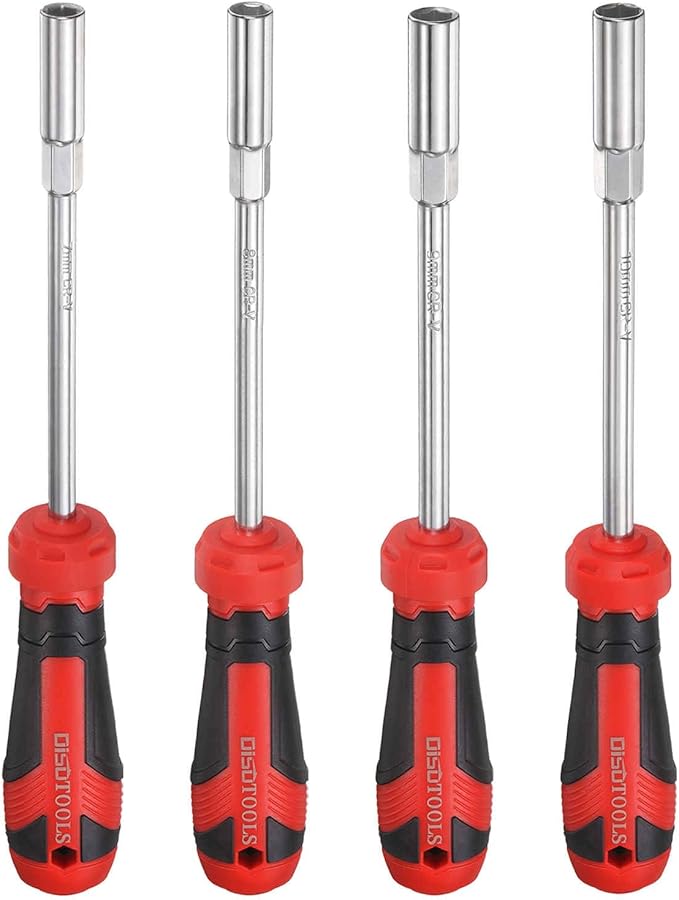 HARFINGTON 4 Pcs Metric Nut Driver 7mm/8mm/9mm/10mm CR-V Non-Magnetic Tip Hollow Shafts Hex Socket Screwdriver with Anti-Slip Handle for Automobile Repair Bit Driver, Brown