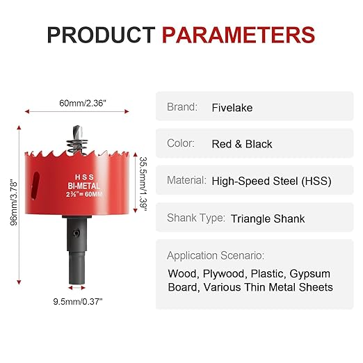 2-3/8" (60mm) Bi-Metal M42 High Speed Steel Hole Saw with Pilot Drill Bit, Smooth Cutting Edge for PVC, Drywall, Wood, Plastic, Gypsum Board, Rubber, Thin Metal