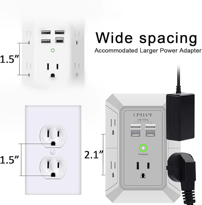 USB Wall Charger, Surge Protector, QINLIANF 5 Outlet Extender with 4 USB Charging Ports (4.8A Total) 3-Sided 1680J Power Strip Multi Plug Outlets Wall Adapter Spaced for Home Travel Office(2U2C),Grey