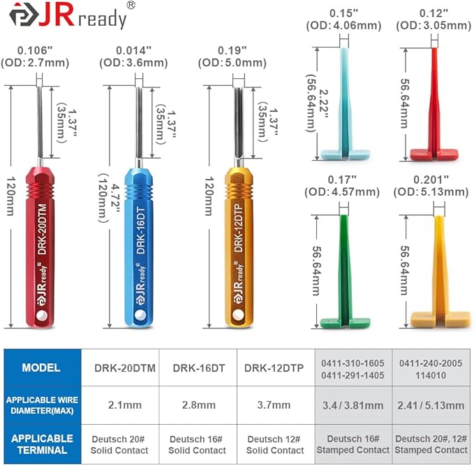 JRready ST5236 Deutsch Pin Extractor Tool for 16#12#20# Solid/Stamped Contacts 10-22 AWG, Terminal Removal Tool Kit with Steel DRK-RT1 for Deutsch DT,DTM,DTP Series Connector 13PCS