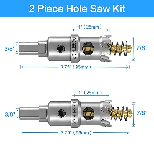 TCT Hole Saw Set, 2-Pack of 7/8" (22mm) Heavy Duty Tungsten Carbide Tipped Hole Cutters for Stainless Steel Mild Steel Copper Iron Brass Plastic and More, with Titanium-Plated Pilot Drill Bits