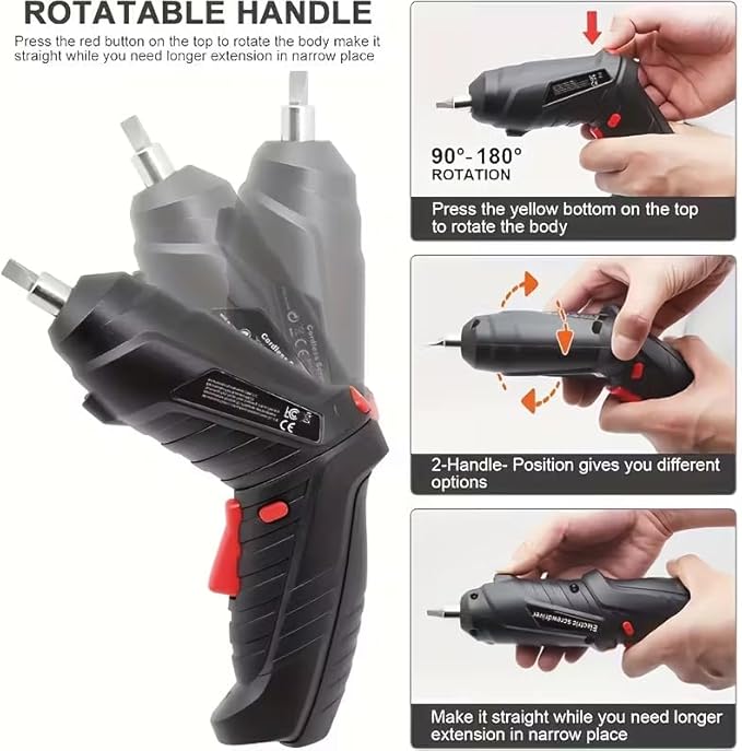 Electric Screwdriver, Cordless Screwdriver Rechargeable, Power Drill Screwdriver Set, Screw Gun with Torque Setting, 2 Position Handle with LED Light