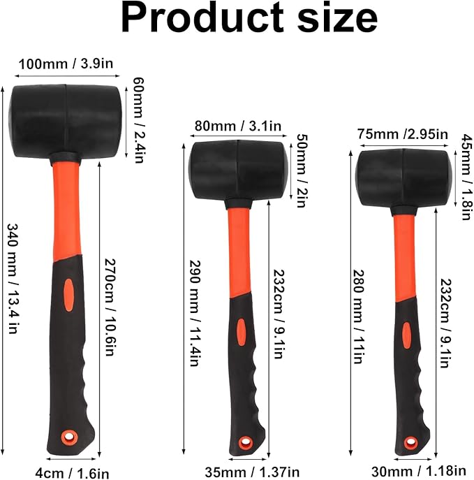 3 PCS 27 16 12 OZ Rubber Mallet Set, Black-Yellow Fiberglass Handle, Perfect for Wood, Metal, Plastic, Glass, and Ceramics