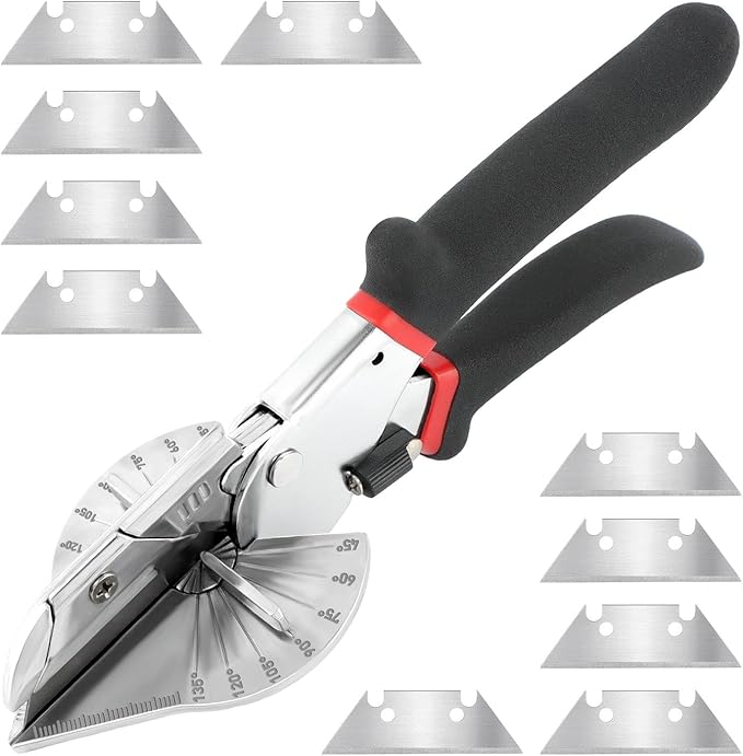 Multi Angle Miter Shears with 10 Replacement Blades, 45-135째 Adjustable Angle Trim Cutter Hand Tool for Cutting Plastic, Wood Trim Molding(COLOR:Black)