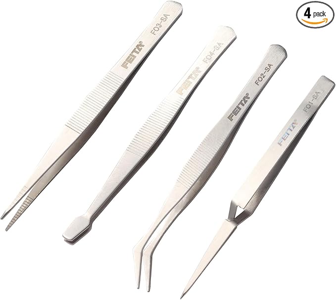 FEITA Professional Craft Tweezers Stainless Steel Precision Tweezer Set for Hobby, Electronics, Model Making, Jewelry Picking Tool - 4 Pieces