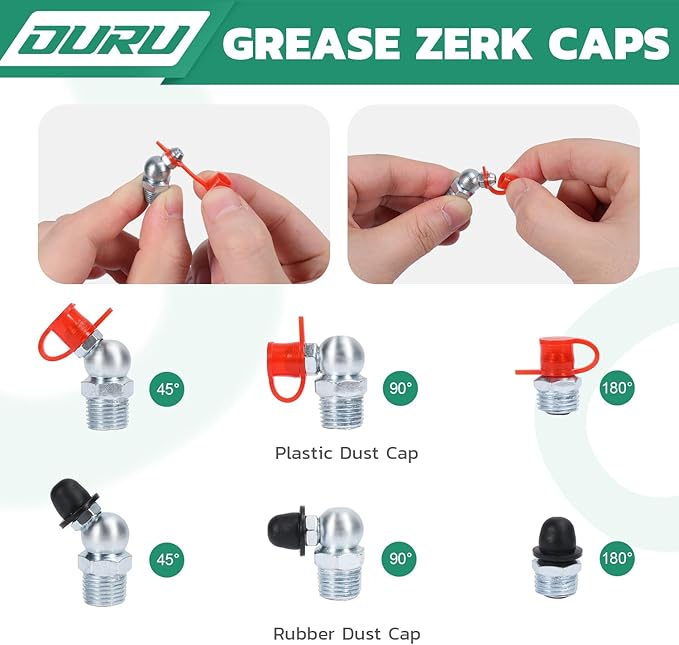 50PCS 1/8"-27 Grease Fittings Kit, SAE Zerk Grease Fittings Straight with Grease Fitting Caps & Wrench Kit(11mm) for Grease Gun