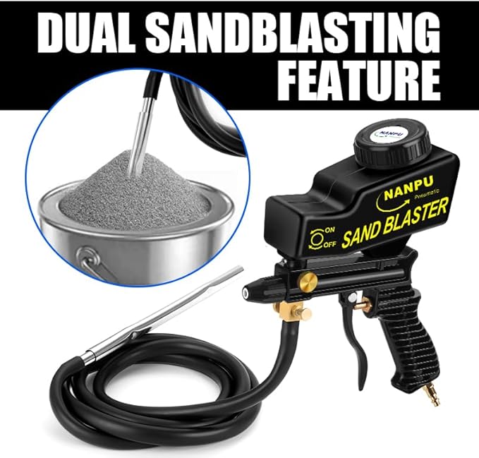NANPU Air Sand Blaster Gun with Siphon & Gravity Feed for Air Compressor, Ceramic Nozzle, Metal Body, Paint/Rust Remover for Metal, Wood & Glass Etching, for Aluminum/Sand/Walnut Shells/Soda Blasting