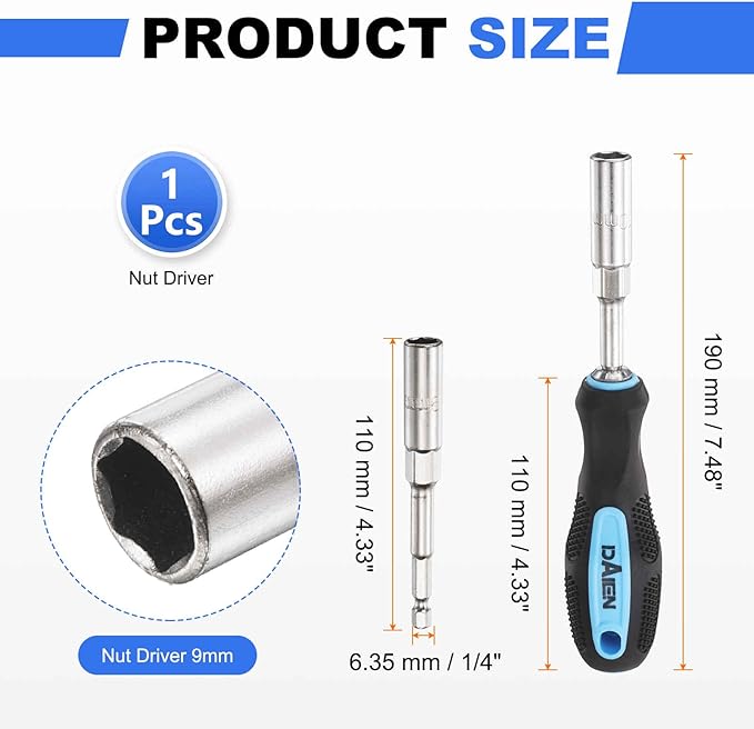 HARFINGTON Metric Nut Driver 9mm CR-V Non-Magnetic Detachable Tip Hollow Shafts Hex Socket Screwdriver with Anti-Slip Handle for Automobile Repair Bit Driver, Blue/Black