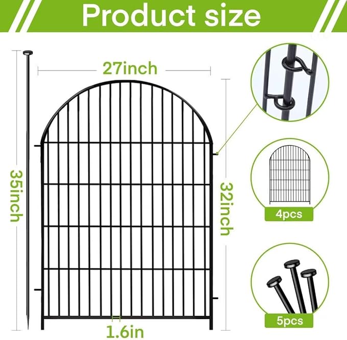 Adavin Tall Garden Fence Animal Barrier, 32 in(H) X 8.8 Ft(L) 4 Panels Dog Fences Outdoor for Yard, Black Heavy Duty Metal Temporary Fence, No Dig Garden Fencing for Yard Flower Bed Lawn Patio