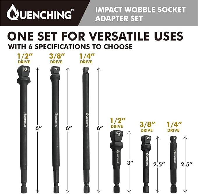 6-Pcs 3 Inch & 6 Inch Impact Wobble Extension Set, Socket Extensions with Holder, 1/4, 3/8, 1/2 Drive Cr-V Wobble Extension, 30-Degree Range of Motion for Enhanced Access