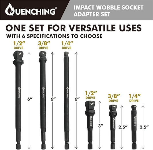 6-Pcs 3 Inch & 6 Inch Impact Wobble Extension Set, Socket Extensions with Holder, 1/4, 3/8, 1/2 Drive Cr-V Wobble Extension, 30-Degree Range of Motion for Enhanced Access