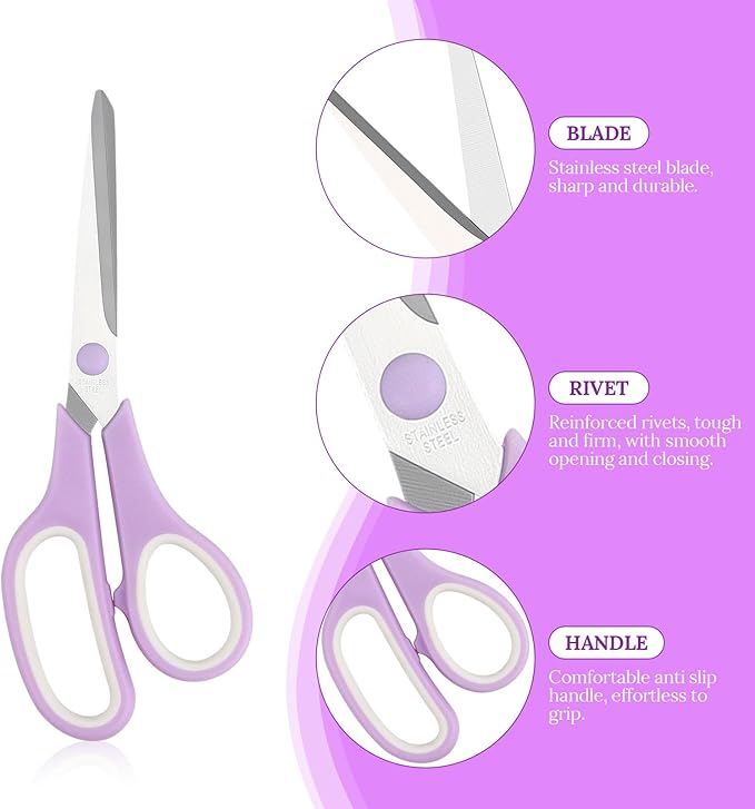 Multipurpose Stainless Steel Scissors 6.7" Pink Sharp Shears Comfort-Grip Scissors for Fabric Craft Office Supplies (Purple 7.7'')