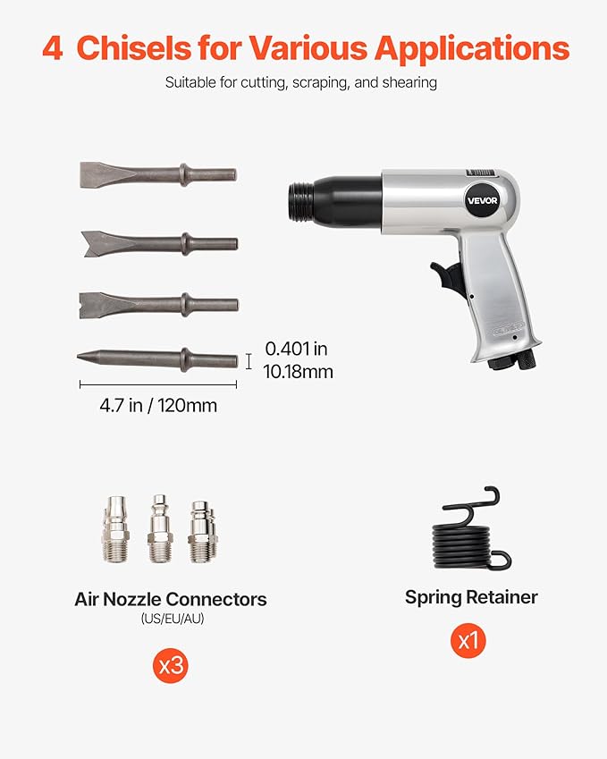 VEVOR Air Hammer, 3500BPM Pneumatic Hammer with 2.76 inch Stroke & 4PCS Chisels Round Shank, Pistol-Grip Compact Air Chisel Pneumatic Shovel Tool for Cutting Punching Scraping