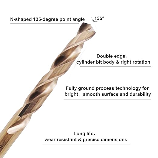 LU&MN 1/2 Inch Inch M35 Cobalt HSS Jobber Length Twist Drill Bit with Straight Shank,Heavy Duty, Pack of 5 PCS, Drilling for Cast Iron, Heat-Treated Steel, Stainless Steel and Other Hard Materials
