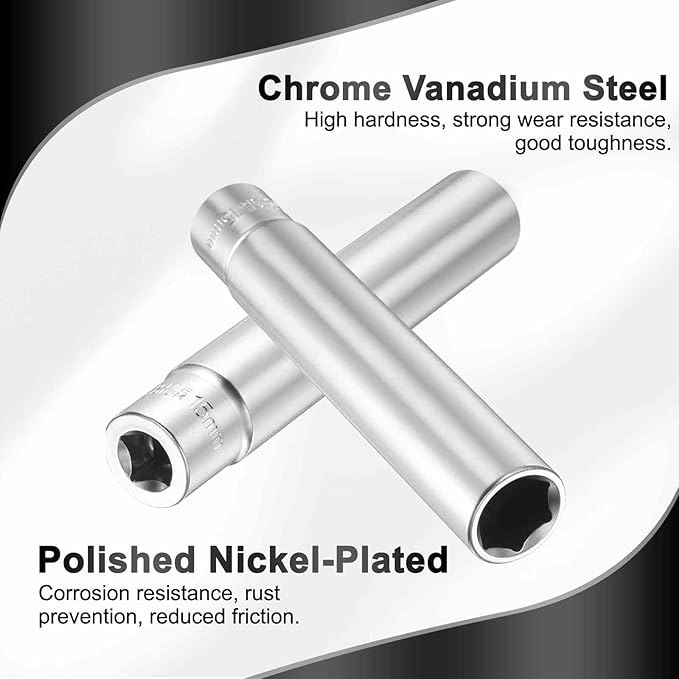 HARFINGTON 6 Points Deep Socket 3/8" Drive 15mm Deep Metric CR-V Steel Polished Nickel Plating Flip Sleeve 120mm / 4.7" Extra Long Socket Tool for Home Auto Nuts Bolts Repair