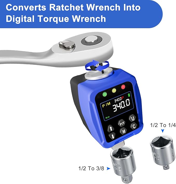 1/2" Drive Digital Torque Wrench Adapter- 12.5-250.7 Ft-lb / 17-340 Nm, Digital Torque Adapter 짹2% Accuracy, Colour LCD Display, 1/4??& 3/8??Adapters for Car & Motorcycle Maintenance