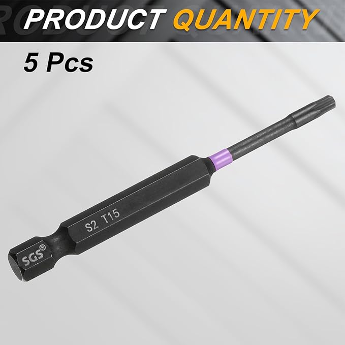 HARFINGTON 5pcs T15 Torx Head Impact Screwdriver Bits 1/4" Hex Shank 3" (75mm) Long Magnetic No Hole Tamper Proof 6 Point Star Screw Driver Drill Bits Phosphate S2 Steel Power Tools