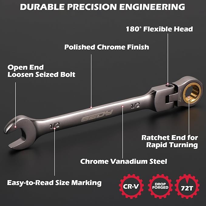 SEDY Premium 12-Piece SAE Flex-Head Ratchet Wrenches Set 1/4"-7/8" with Magnetic Organizer, Cr-V Steel Ratcheting Wrench Set with 72 Teeth 180째 Flex Head, Ratchet Combination Wrench Set for Repair