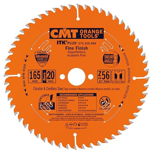 CMT ORANGE TOOLS 273.165.56H ITK Plus Saw Blade 6-1/2''x0.063''/0.039''x20mm(5/8'') Z56