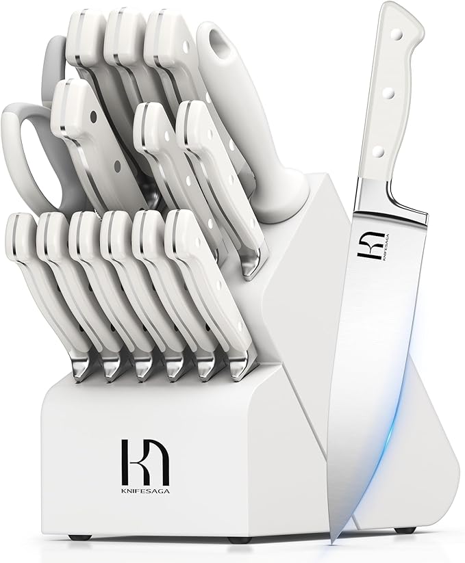 KnifeSaga Kitchen Knife Block Set, 15-Piece Enduring Ultra Sharp Knife Set, Japanese High Carbon Stainless Steel, Premium Forged Knives for Kitchen and Professional Chefs, White