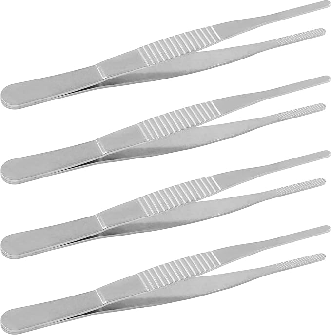 4Pcs 5 Inch Stainless Steel Tweezers with Precision Serrated Straight Tips, Non-slip Multitool Tweezers for Cooking, Repairing, Medical, Garden