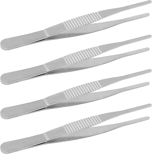 4Pcs 5 Inch Stainless Steel Tweezers with Precision Serrated Straight Tips, Non-slip Multitool Tweezers for Cooking, Repairing, Medical, Garden