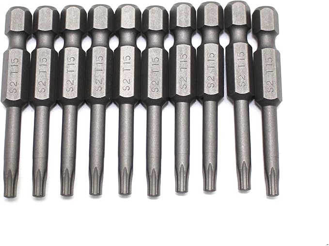 TEMO 10 pc T15 Torx Star Head Screwdriver Bit Set, S2 Steel 6 Point T-15 Reduced Round Shaft Screwdriver Insert Bits Hex Shank