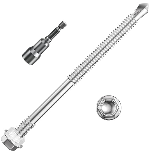 (100Pcs) #12횞4" Hex Washer Head Self Drilling Screws, 410 Stainless Steel Metal SheetScrews竊똖EK Screws, Self Tapping Screws,Extensions Extra Long