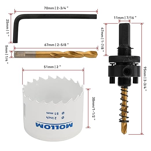 Mollom (51mm | 2") HSS M42 with 8% Cobalt BI-Metal Hole Saw with 2 Pilot Drill Bits & Arbor Smooth Cutting for PVC,Drywall,Wood,Plastic,Gypsum Board,Rubber
