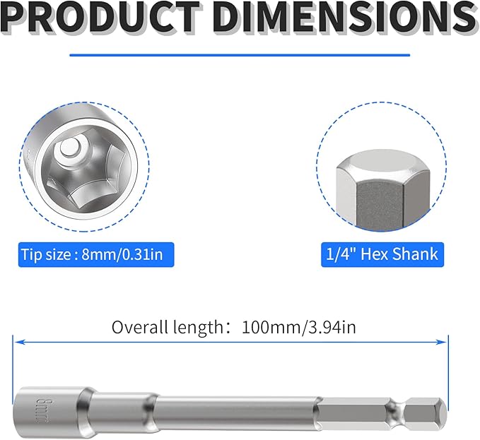 FOCKEAMS 5Pcs 8mm/0.31in Nut Setter Driver Drill Bit,Quick-Change,Impact Nut Driver Kit for Electric Drill,1/4" Hex Shank Drill Socket,100 mm Length Cr-V Adapter Drill Bits,Metric&SAE