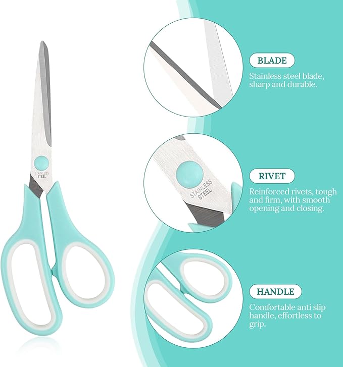 Multipurpose Stainless Steel Scissors 6.7" Pink Sharp Shears Comfort-Grip Scissors for Fabric Craft Office Supplies (Blue 7.7'')