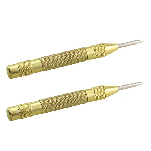 2PCS Automatic Center Punch 5 inch Brass Spring Loaded Center Hole Punch Adjustable Tension Metal or Wooden Hand Tool Window Breaker Safety Escape Tool Gold