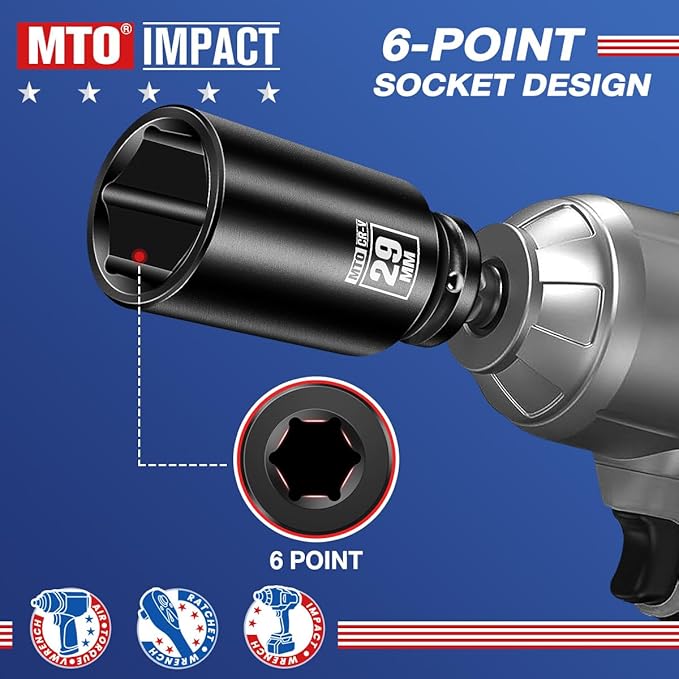 MTO 1/2" Drive 29mm Deep Impact Socket, 6-Point Metric Socket for Automotive Maintaince, CR-V Steel Meets ANSI Standards