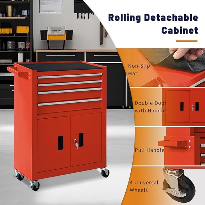 13-Drawer Rolling Tool Chest with Double Doors, 2 in 1 Detachable Rolling Tool Chest with Drawers, Metal Large Lockable Tool Box竊똌obile Tool Cabinet Combo for Garage Workshop (Red)
