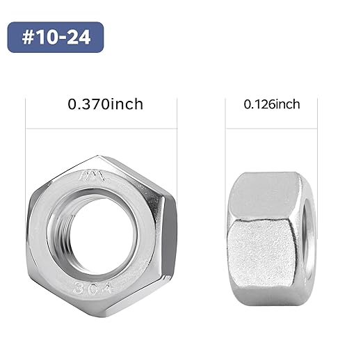 100 Pack #10-24 Hex Nuts, Stainless Steel 304 (18-8) Hex Nut, #10 Nut Standard Inch Coarse Thread Hex Machine Screw Nuts