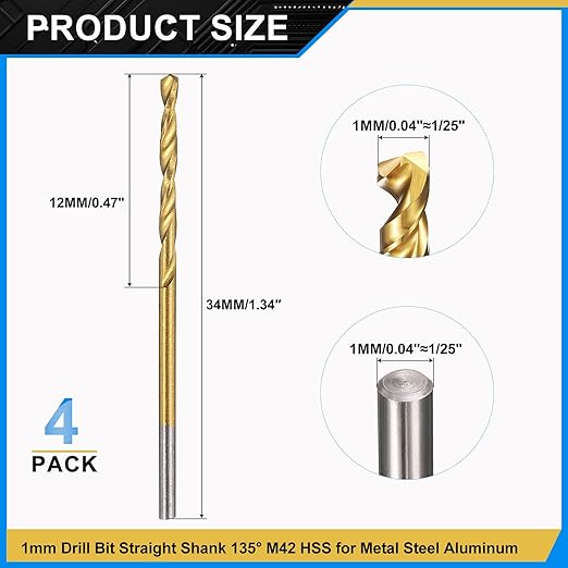 PATIKIL 1mm Drill Bit, M42 8% Cobalt High-Speed Steel Jobber Straight Shank 135° Titanium Nitride (TiN) Coated for Hard Metal Stainless Steel - 4 Pack