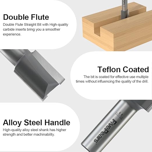 FivePears Straight Router Bits 1/2 Inch Shank Double Flute, 23/32 Inch Cutting Diameter, 1-1/4 Inch Cutting Length, Used for Create Groove, Dado or Hollow