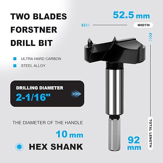 2-1/16 Inch Forstner Drill Bit Carbide Tipped,Woodworking Hinge Cutter for Precise Flat Bottom Holes in Hard Wood,Plywood,Plastic - Professional Grade
