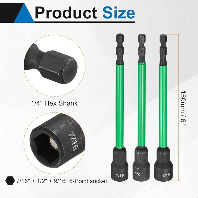 HARFINGTON 3pcs Nut Driver Drill Bit 7/16+1/2+9/16 Inch SAE Socket 1/4" Hex Shank 6" (150mm) Extra Long Magnetic 6-Point Sockets Quick Change CR-V Steel Bolt Setters for Power Drill Drivers