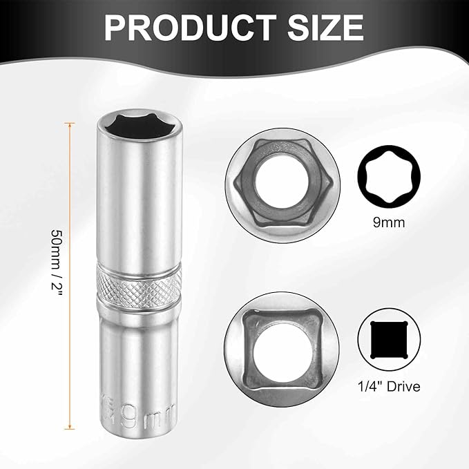 HARFINGTON 6 Points Deep Socket 1/4" Drive 9mm Deep Metric CR-V Steel Polished Nickel Plating Flip Sleeve 50mm / 2" Extra Long Socket Tool for Home Auto Nuts Bolts Repair