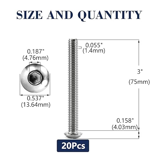 5/16-18 x 3" Button Head Socket Cap Bolts Screws, 20Pcs 304 Stainless Steel 18-8, Allen Hex Drive, Bright Finish by SG TZH(with Hex Spanner)