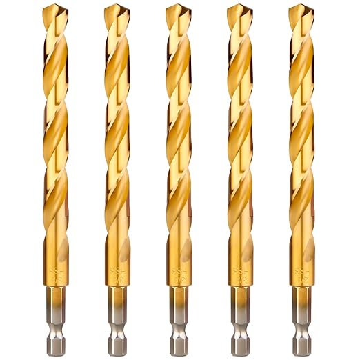 Hex Shank Drill Bits - Set of 5Pcs, 3/8 Inch Premium 4341 HSS Titanium Impact Hex Drill Bits for Wood, Steel, Metal, Plastic, Quick Change Design