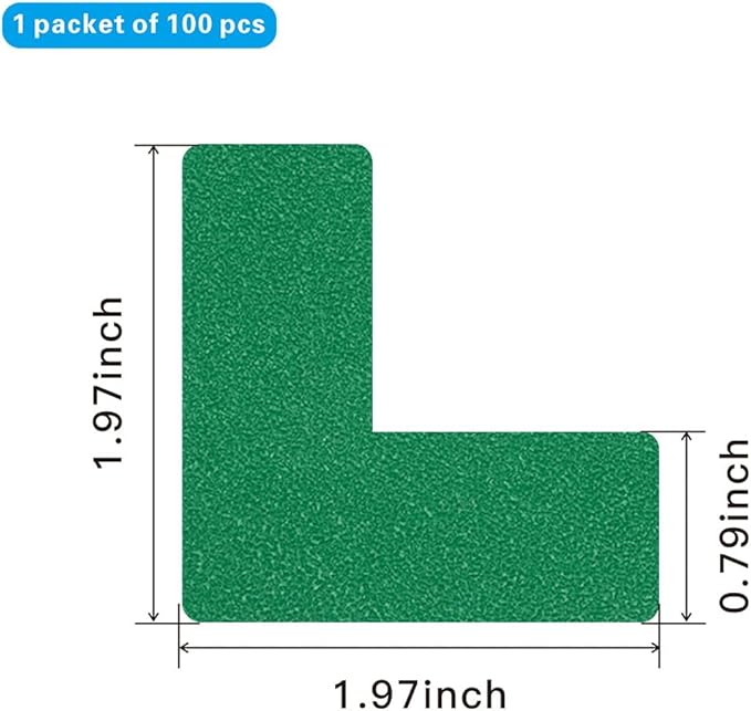 Beiyier 100 Pack 5s Location Marking Corner, 2x2x0.8 Inch L Shaped Graphical Floor Marker for Office Desk Table Top, Warehouse Floor (Green)