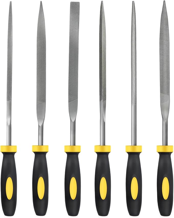MORROWIND Small 6-Piece Needle File Set, Diameter 0.15" Length 6.3" Hardened Alloy Steel Mini File for Metal Wood Plastic, Includes Flat, Warding, Square, Triangular, Round, Half-Round, Yellow