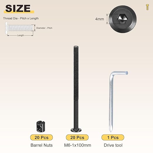 METALLIXITY Furniture Crib Screws Replacement Set with Wrench(M6-1x100mm) 20Pcs, Connector Bolt M6 Screw Barrel Nuts Binding Screws, for Chair Cabinet Bed, Black