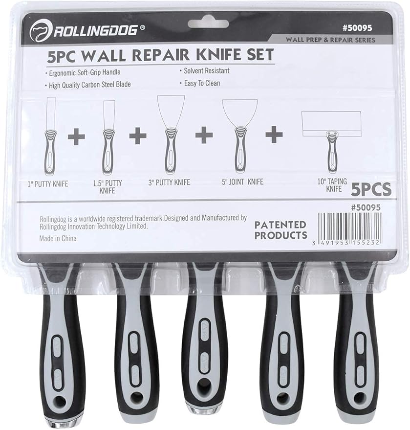 ROLLINGDOG 5 PC Putty Knife Set- Include 1", 3" and 5" Spackle Knife, 1.5" Chisel Scraper, 10" Taping Knife for Drywall Repair